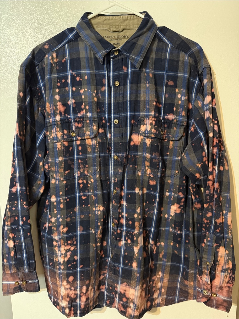 Faded Glory Navy Plaid Button-Up with Pink Bleach Splatter